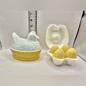 Milk Glass Chicken / Hen on Nest Soap Dish Set Vintage Avon with Egg Soaps 1970s
